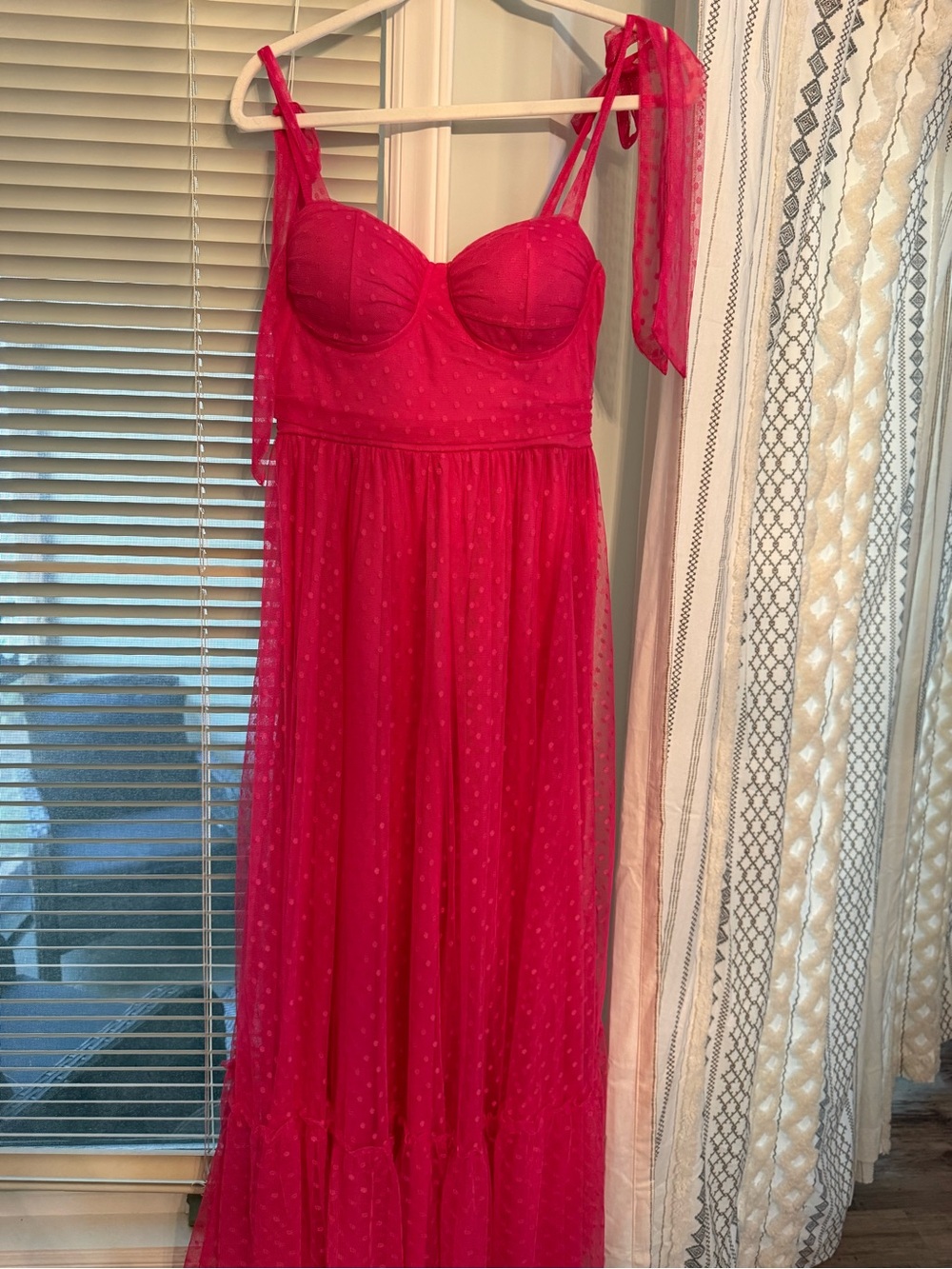 Women’s Pink Dotted Mesh Maxi Dress - Sleeveless Tie-Strap